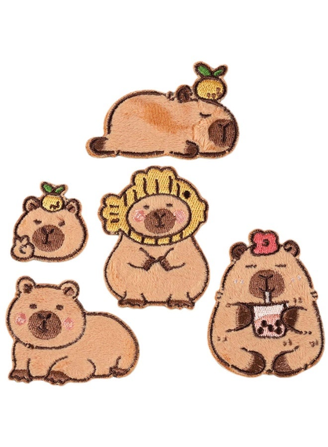 fantasize 5pcs Iron-on Patches Animal Embroidered Appliques, Cute Capybara Stick-On Patch for Clothes, Hats, Jeans, Jackets, DIY Fabric Repair and Customization Accessories - Image 1